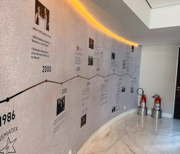 Parede da linha do tempo Fismatek na recepção Analia Franco, com marcos históricos de 1986 a 2024